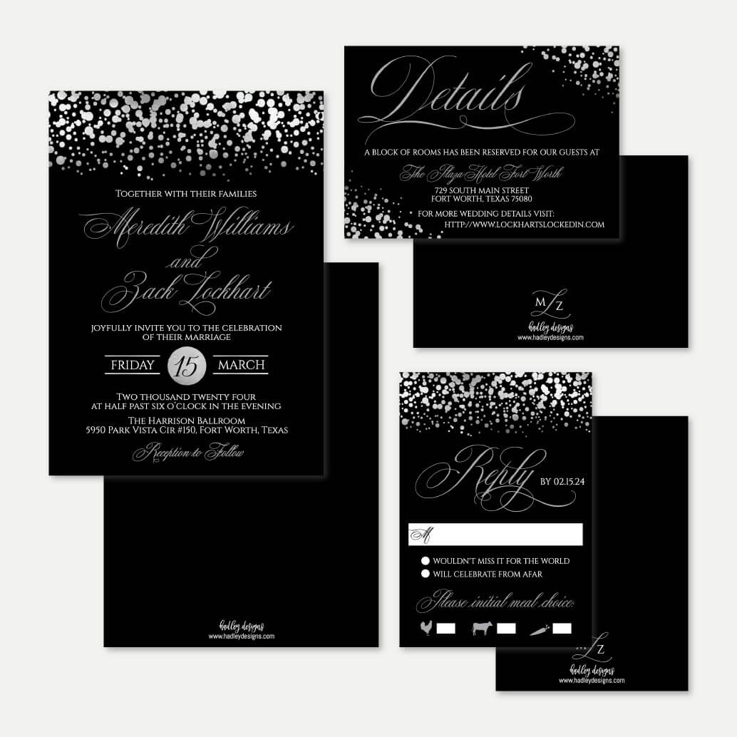 Silver Dots Black Wedding Invitation, RSVP, and Details Set Printables, image size:1034x1034
