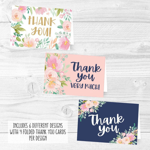 24 Navy Blush Floral Thank You Cards With Envelopes