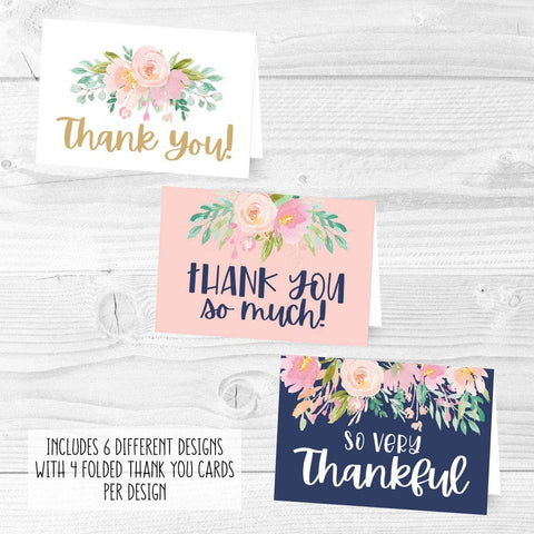 24 Navy Blush Floral Thank You Cards With Envelopes