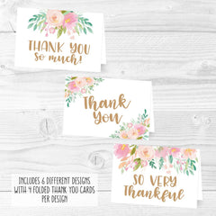 24 Pink Blush Floral Thank You Cards With Envelopes