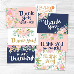 24 Navy Blush Floral Thank You Cards With Envelopes
