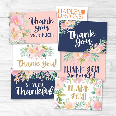 24 Navy Blush Floral Thank You Cards With Envelopes