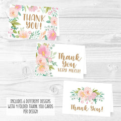 24 Pink Blush Floral Thank You Cards With Envelopes