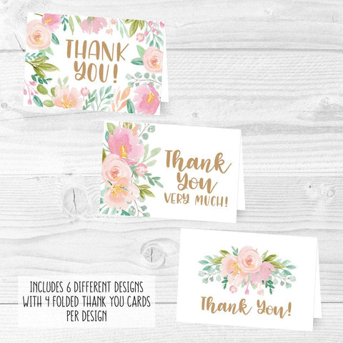 24 Pink Blush Floral Thank You Cards With Envelopes