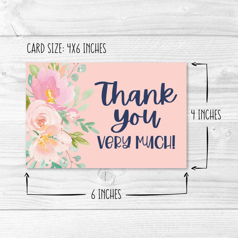 24 Navy Blush Floral Thank You Cards With Envelopes