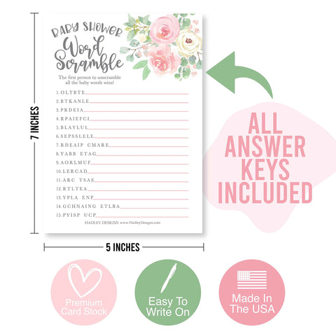 25 Double-Sided Baby Shower Games (Word Scramble + True Or False)