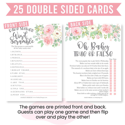 25 Double-Sided Baby Shower Games (Word Scramble + True Or False)