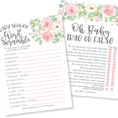 25 Double-Sided Baby Shower Games (Word Scramble + True Or False)