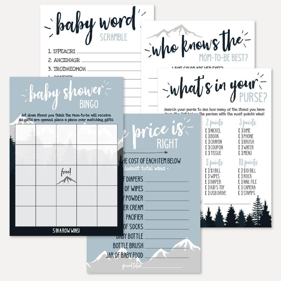 Adventure Mountain Baby Shower Games Set Printable Template