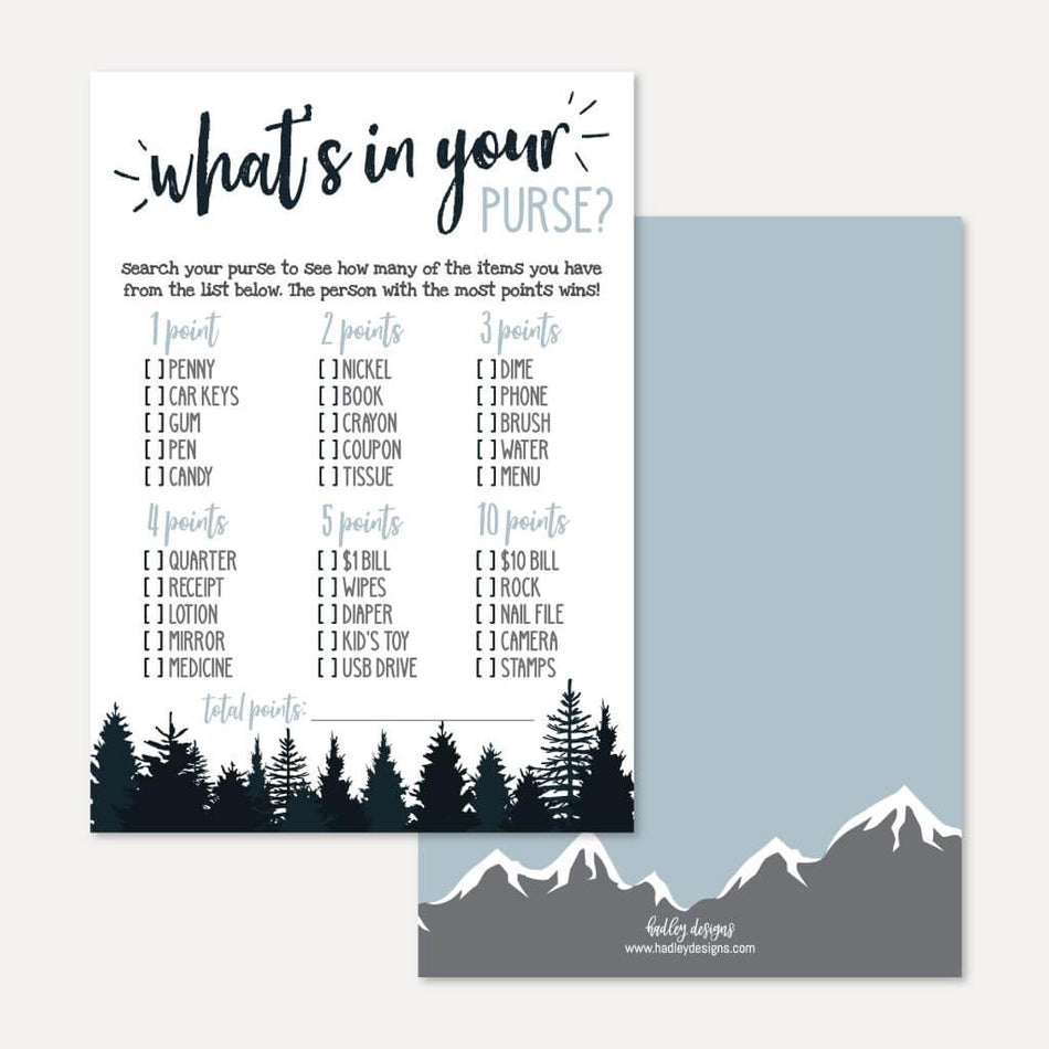 Adventure Mountain Baby Shower What's In Your Purse Game Printable Template