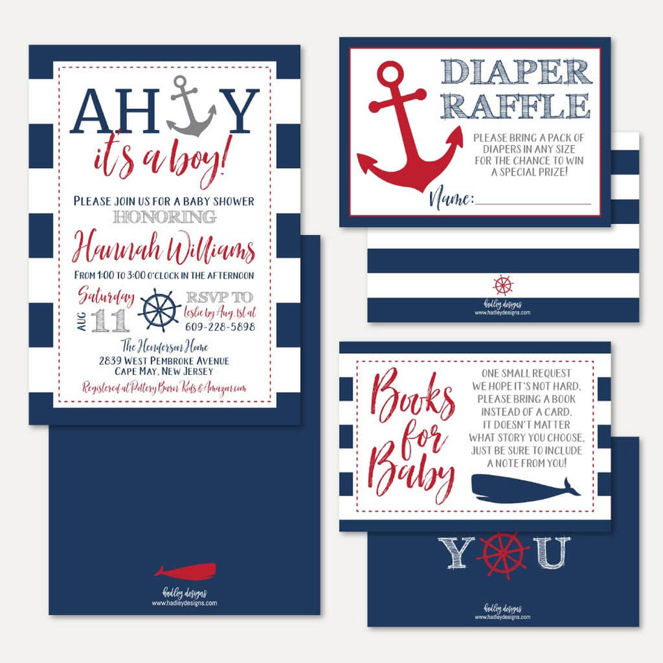 Ahoy It's A Boy Nautical Baby Shower Invitation Suite Printable Template