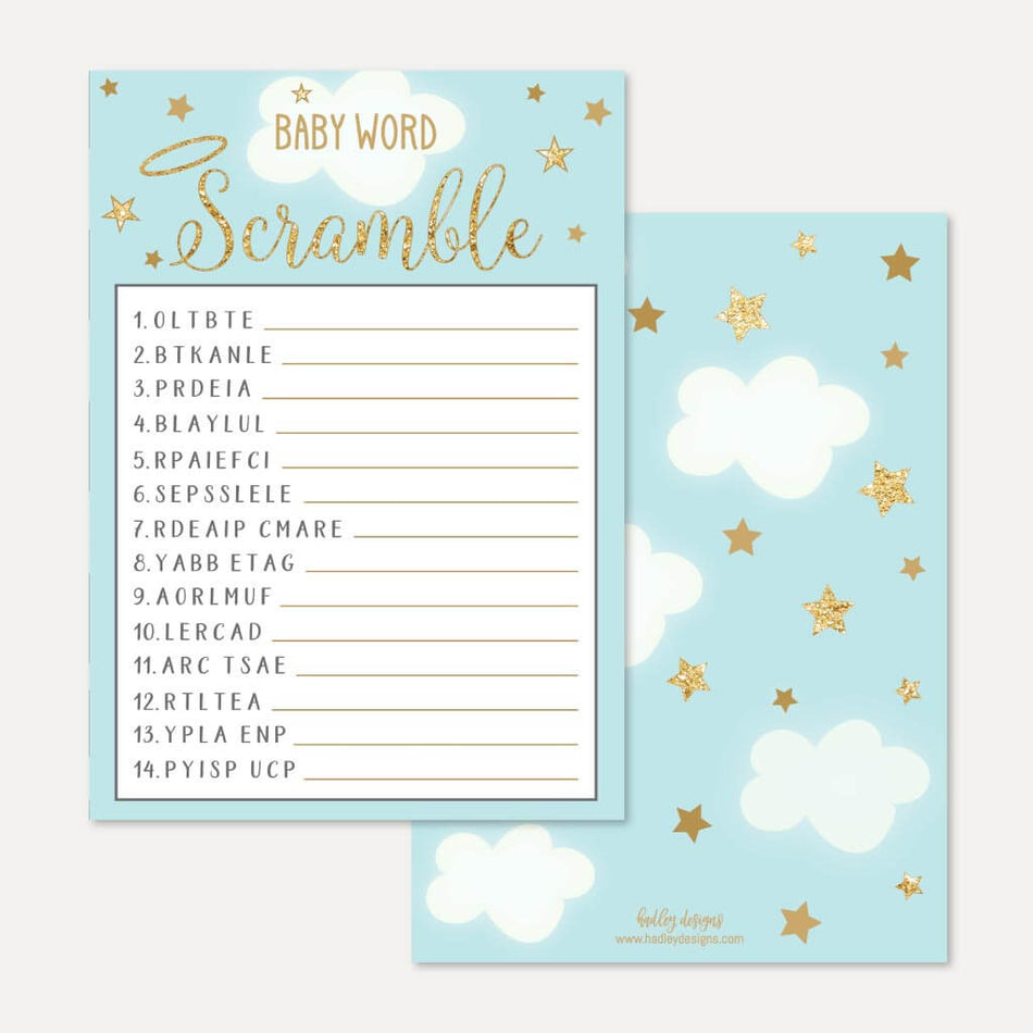 Angel Boy Baby Shower Word Scramble Game Printable Template