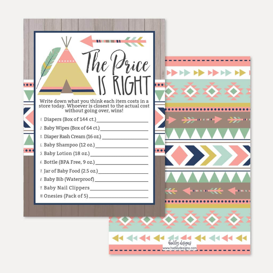 Aztec Adventure Girl Baby Shower Price is Right Game Printable Template