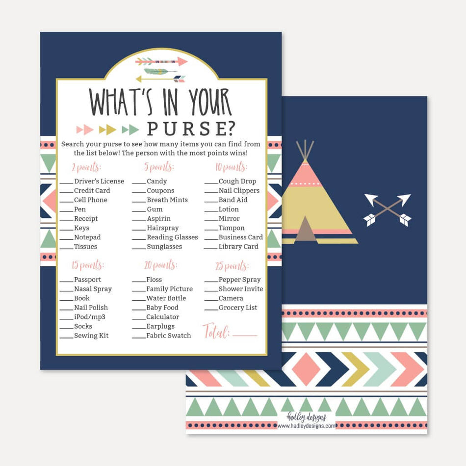 Aztec Adventure Girl Baby Shower What's In Your Purse Game Printable Template