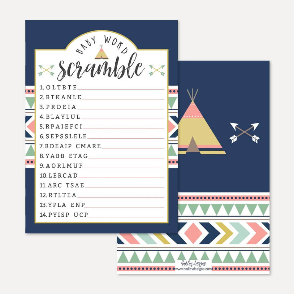 Aztec Adventure Girl Baby Shower Word Scramble Game Printable Template