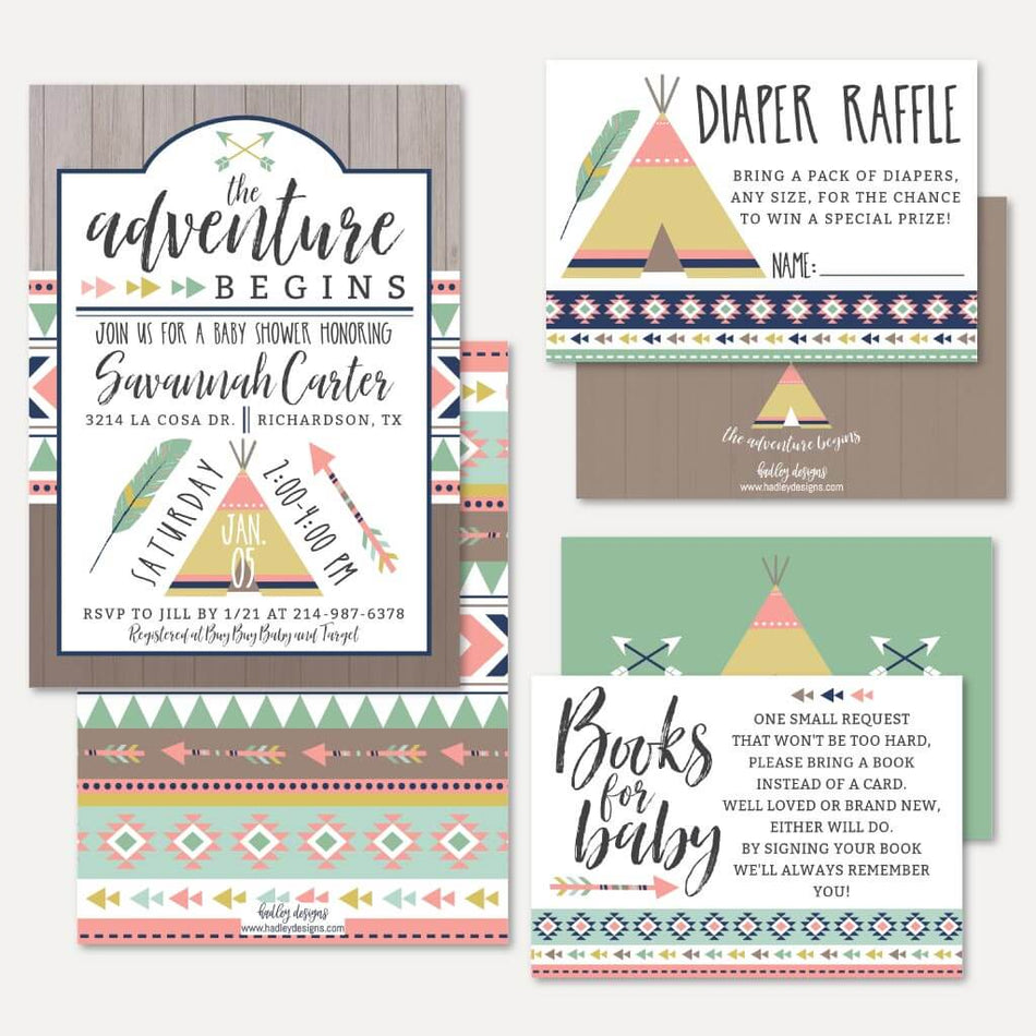 Aztec Adventure Girl Baby Shower Invitation Suite Printable Template
