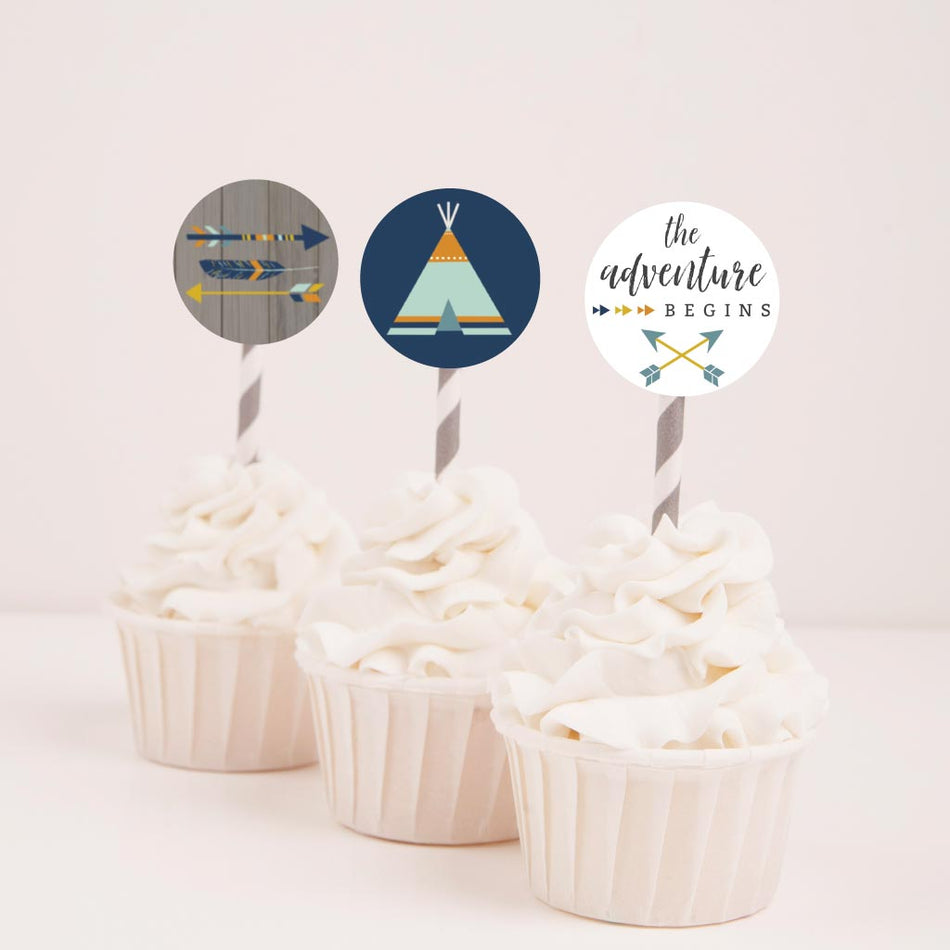 Aztec Adventure Boy Baby Shower Cupcake Toppers Printable Template