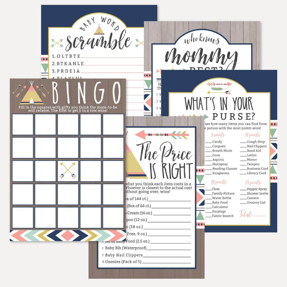 Aztec Adventure Girl Baby Shower Games Set Printable Template