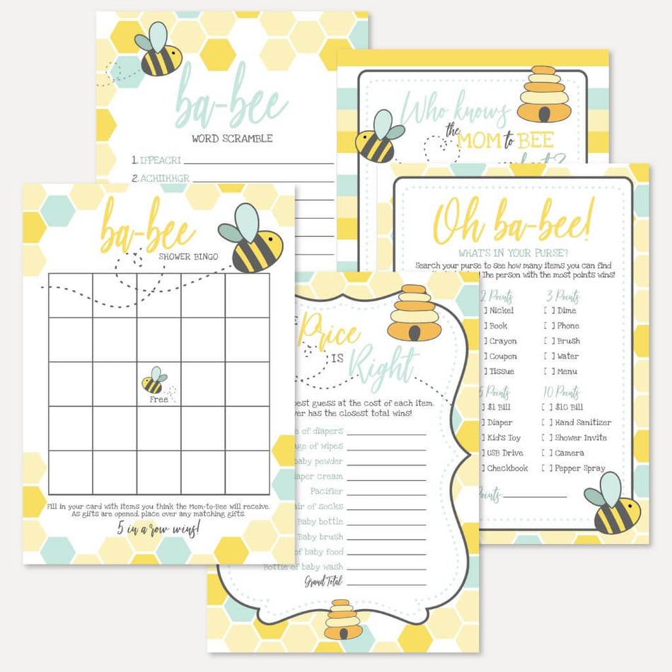 Bee Baby Shower Games Set Printable Template