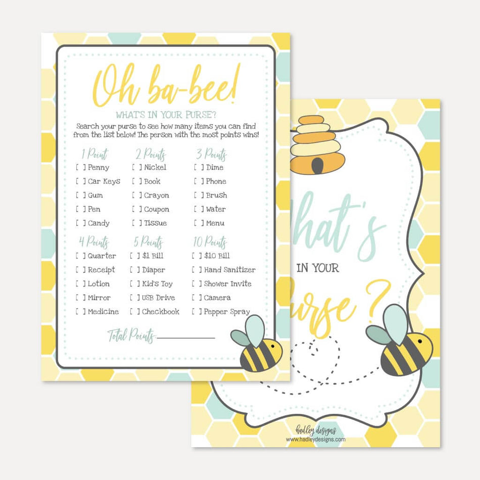 Bee Baby Shower What's In Your Purse Game Printable Template 