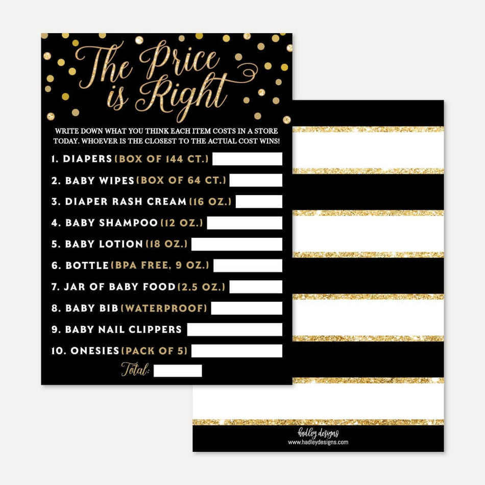 Black and Gold Baby Shower Price is Right Game Printable Template
