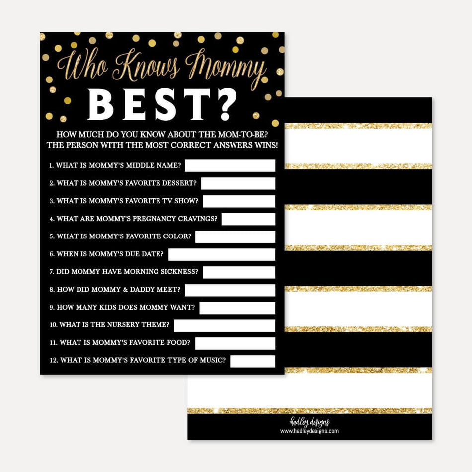Black and Gold Baby Shower Who Knows Mommy Best Game Printable Template