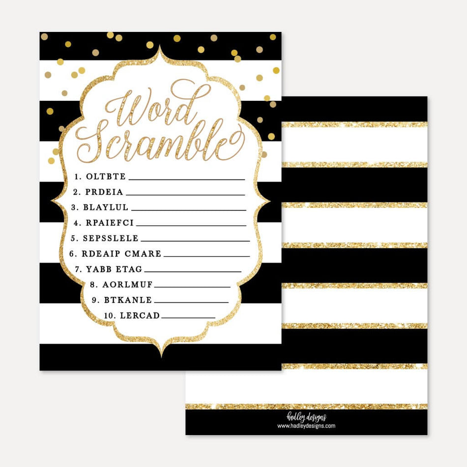 Black and Gold Baby Shower Word Scramble Game Printable Template