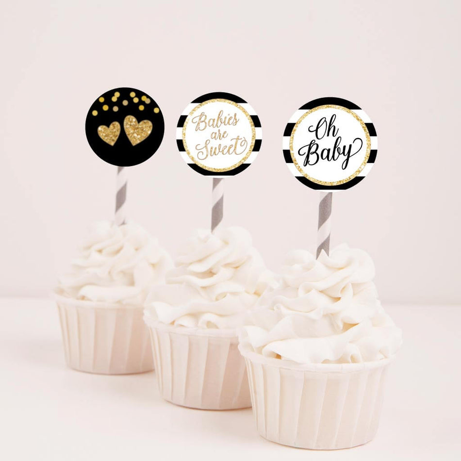 Black and Gold Baby Shower Cupcake Toppers Printable Template
