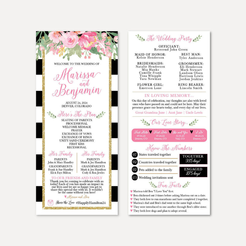 Black Striped Blush Floral Wedding Program Printable Template