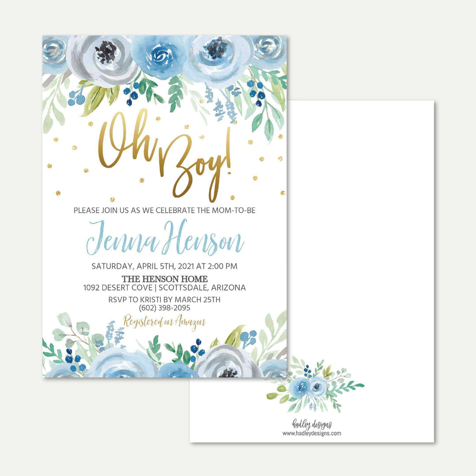 Blue Teal Floral Baby Shower Invitation Printable Template