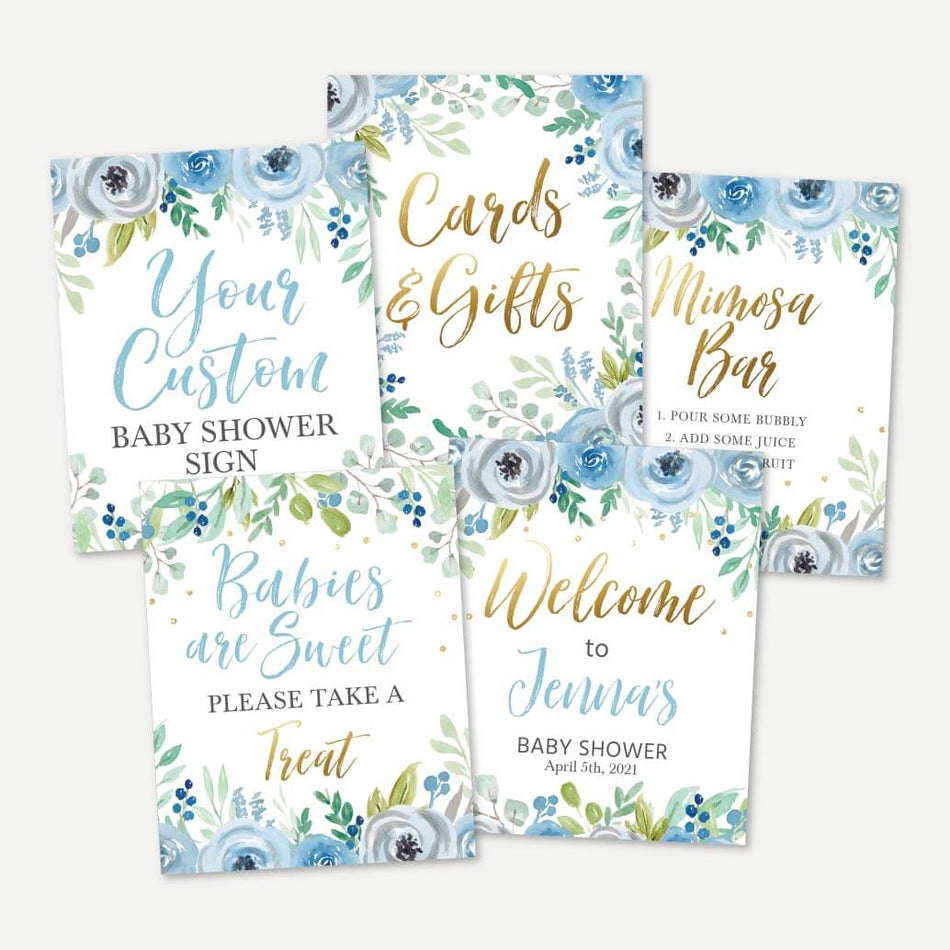 Blue Teal Floral Baby Shower Sign Bundle Printable Template