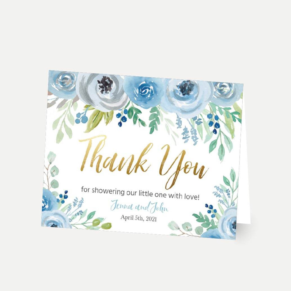Blue Teal Floral Baby Shower Thank You Card Printable Template