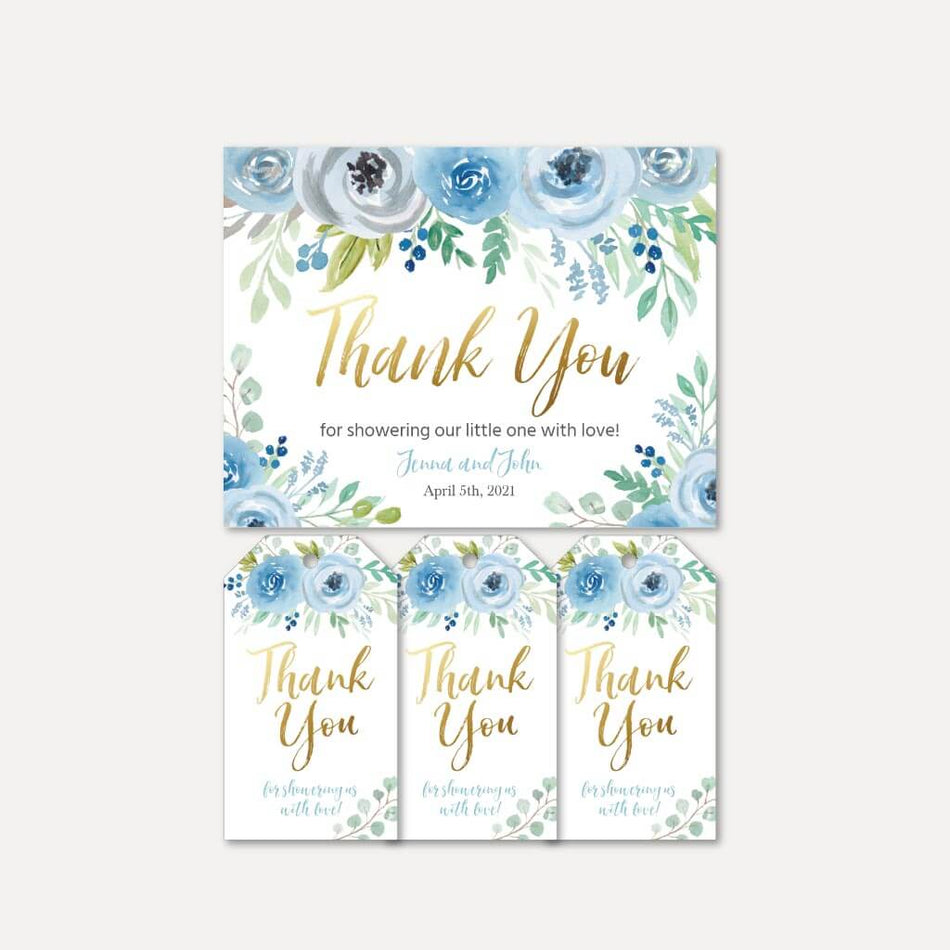 Printable Blue Teal Floral Baby Shower Thank You Card and Favor Tags ...