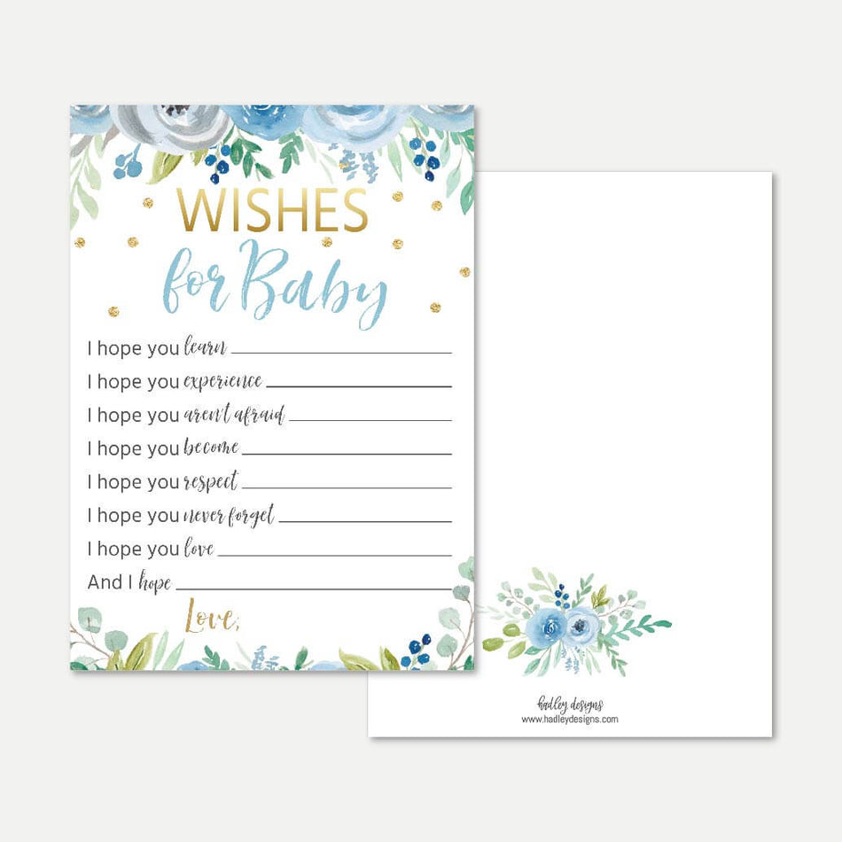 Blue Teal Floral Baby Shower Wishes Card Printable Template