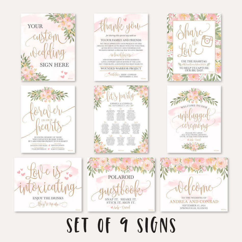 Blush Floral Arch Wedding Sign Set Printable Template