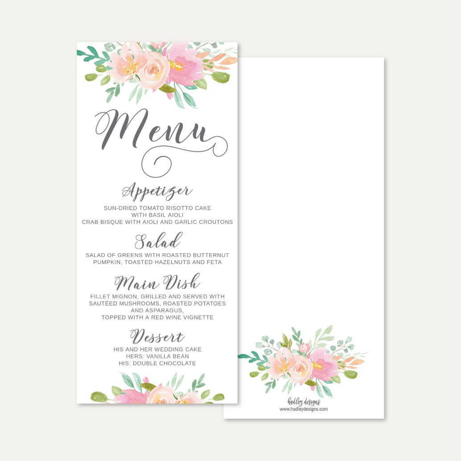 Blush Floral Modern Wedding Menu Printable Template