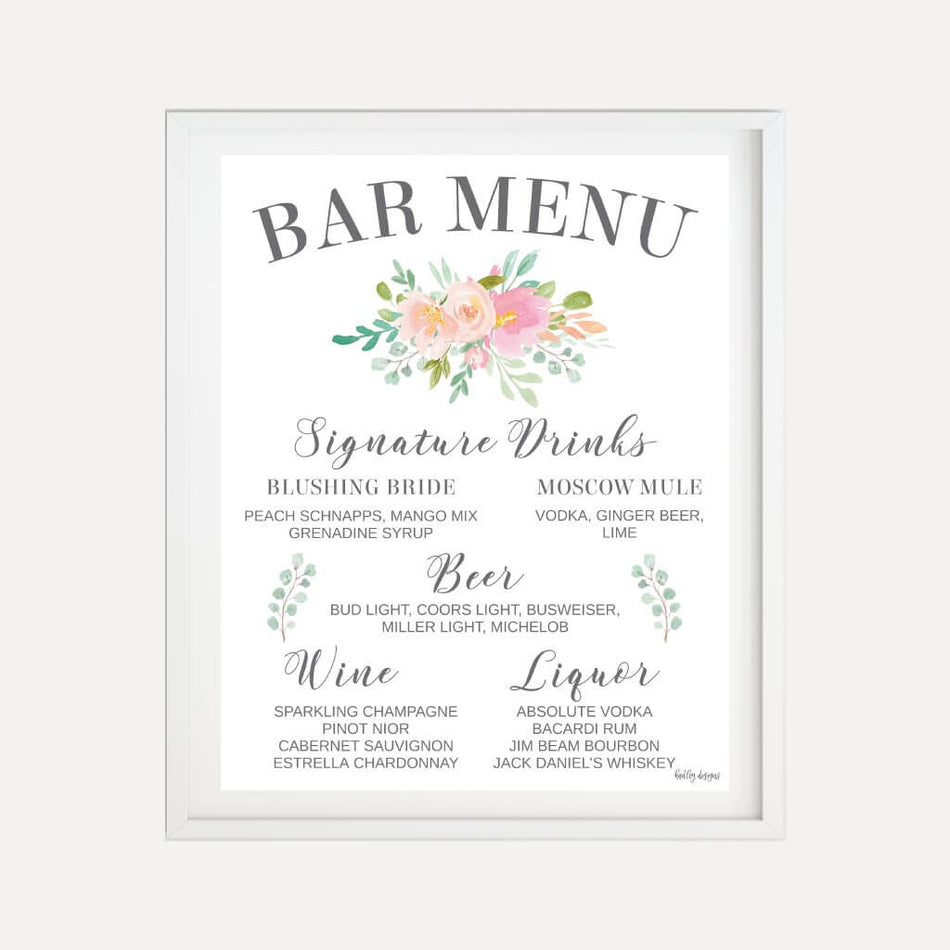 Blush Floral Modern Wedding Bar Drinks Sign Printable Template