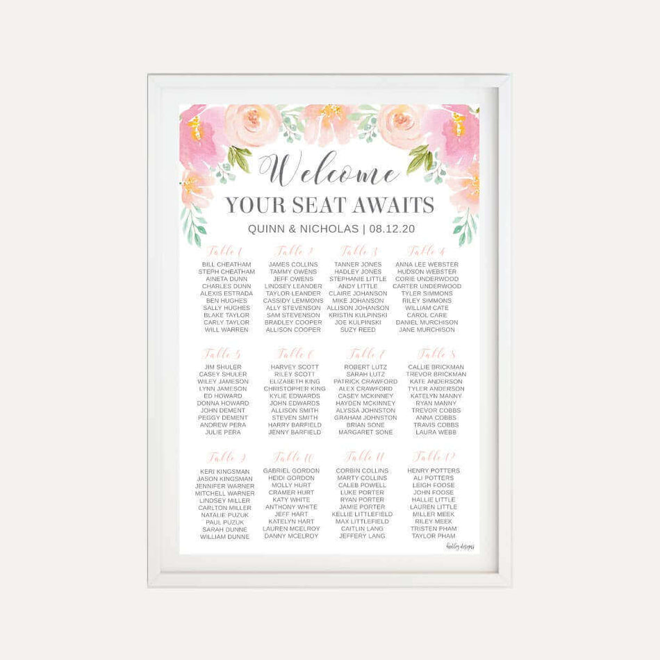 Blush Floral Modern Wedding Seating Chart Sign Printable Template