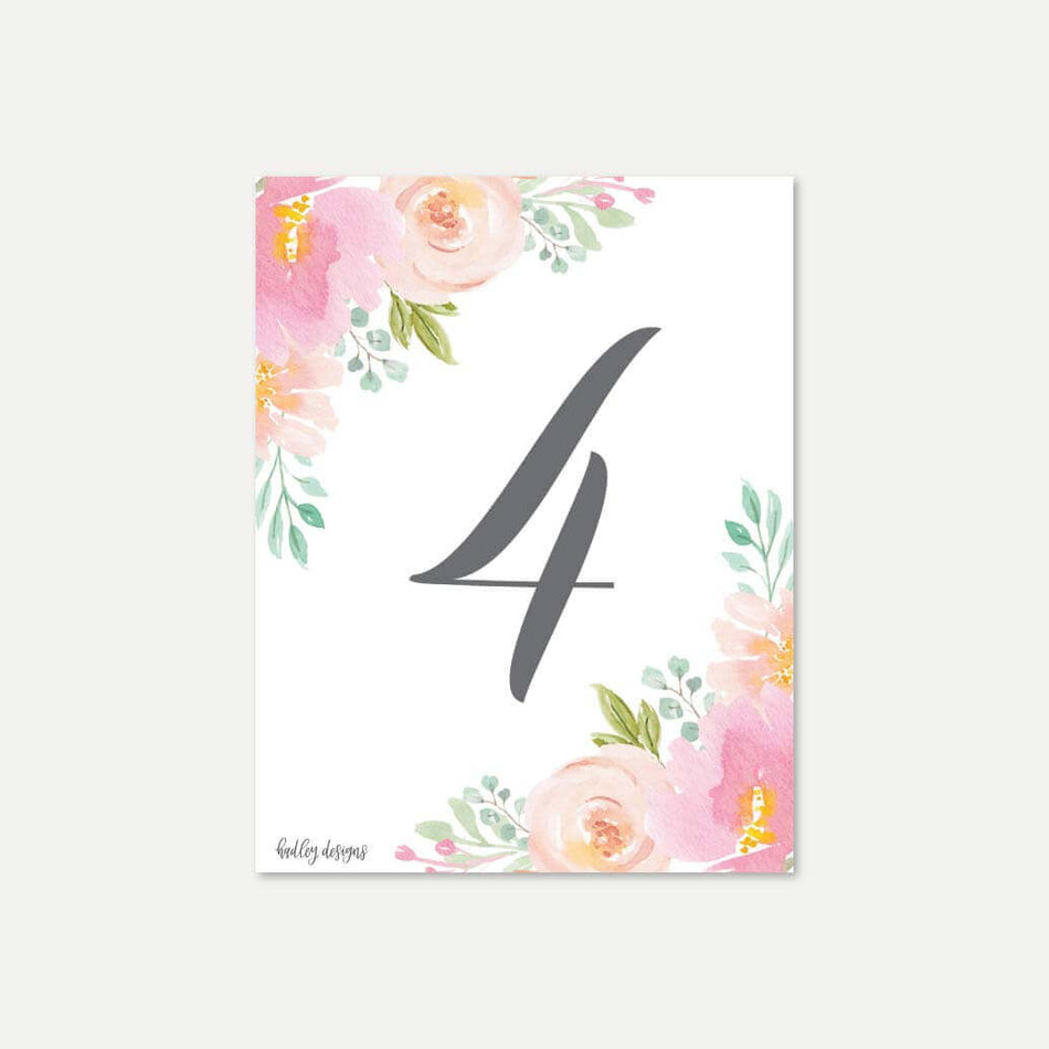 Blush Floral Modern Wedding Table Numbers Printable Template