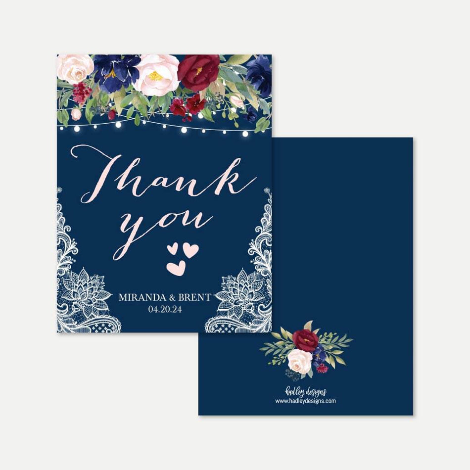 Printable Burgundy Floral and Lace Wedding Thank You Card Template ...