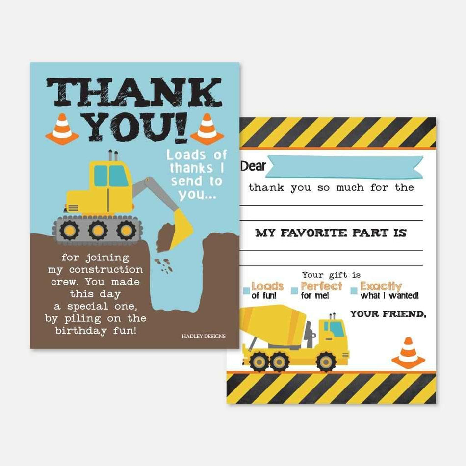 Printable Construction Kids Party Fill In The Blank Thank You Card Tem ...