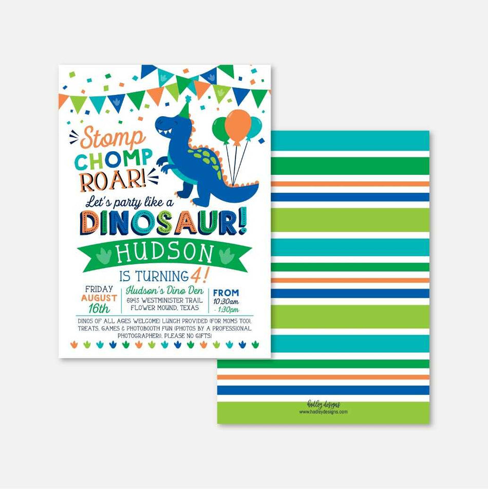 Cartoon Dinosaur Kids Party Invitation Printable Template