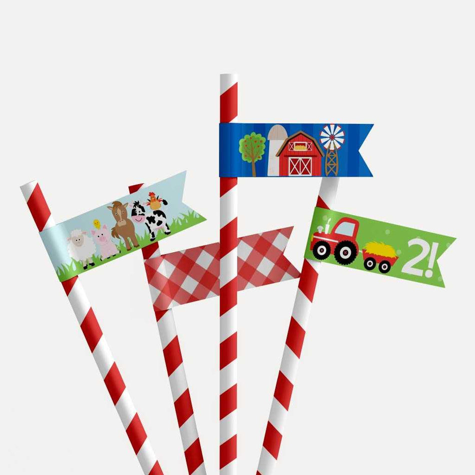 Cartoon Farm Kids Party Straw Flag Printable Template