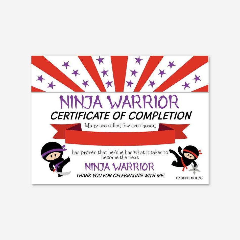 Ninja Kids Party Certificate of Completion Printable Template Warrior Award