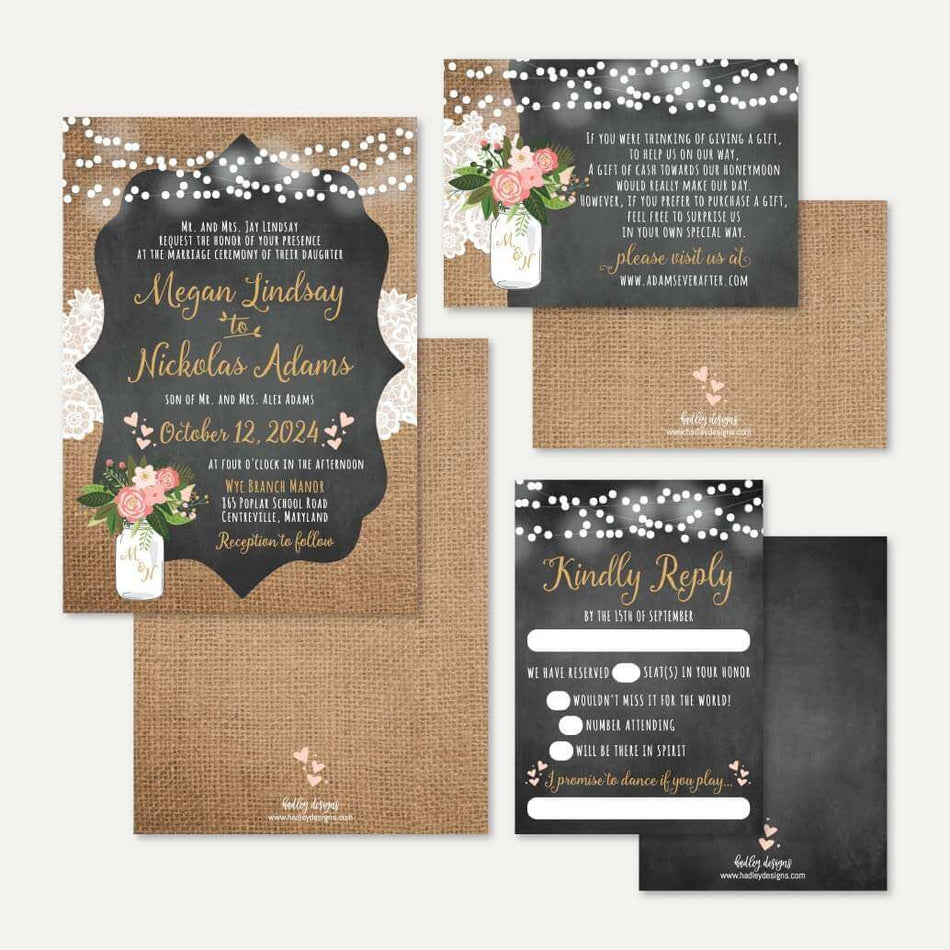 Printable Chalk Burlap and Lace Wedding Invitation, RSVP, and Details ...