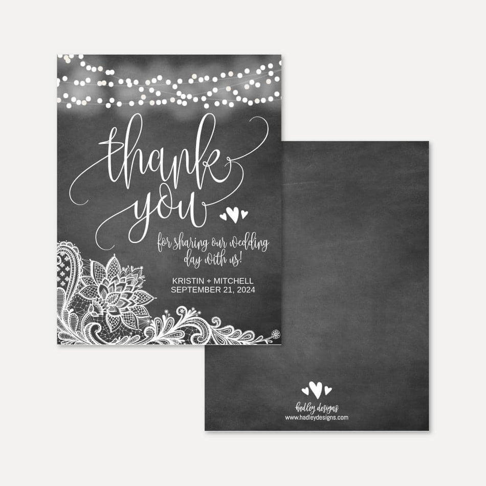 Printable Chalk Lace Lights Wedding Thank You Card Template | Hadley ...