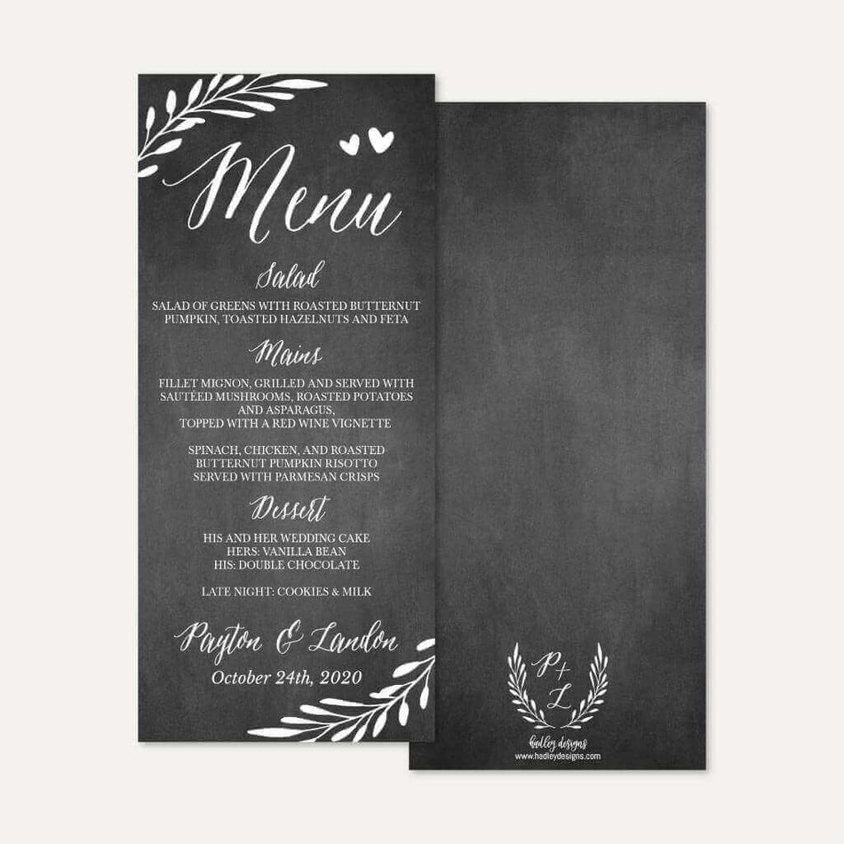 Chalk Simple Greenery Wedding Menu Printable Template