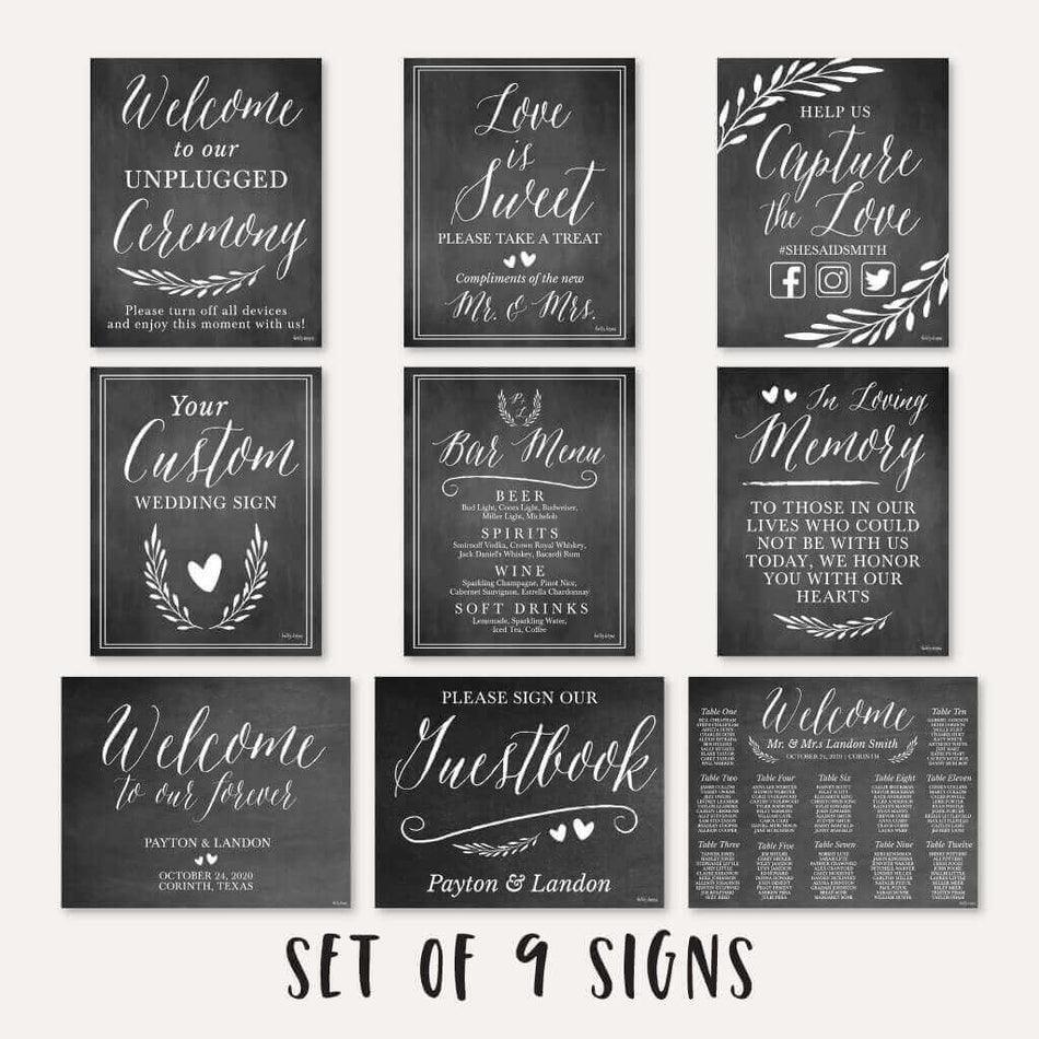 Chalk Simple Greenery Wedding Sign Set Printable Template
