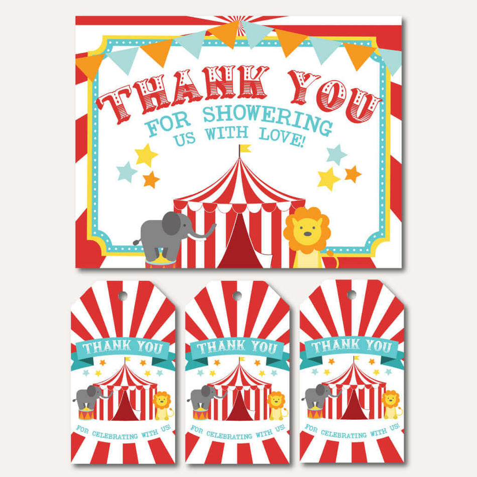 Printable Circus Baby Shower Thank You Card and Favor Tags Template | Hadley Designs - Printables for Free Printable Party Favor Tags Template