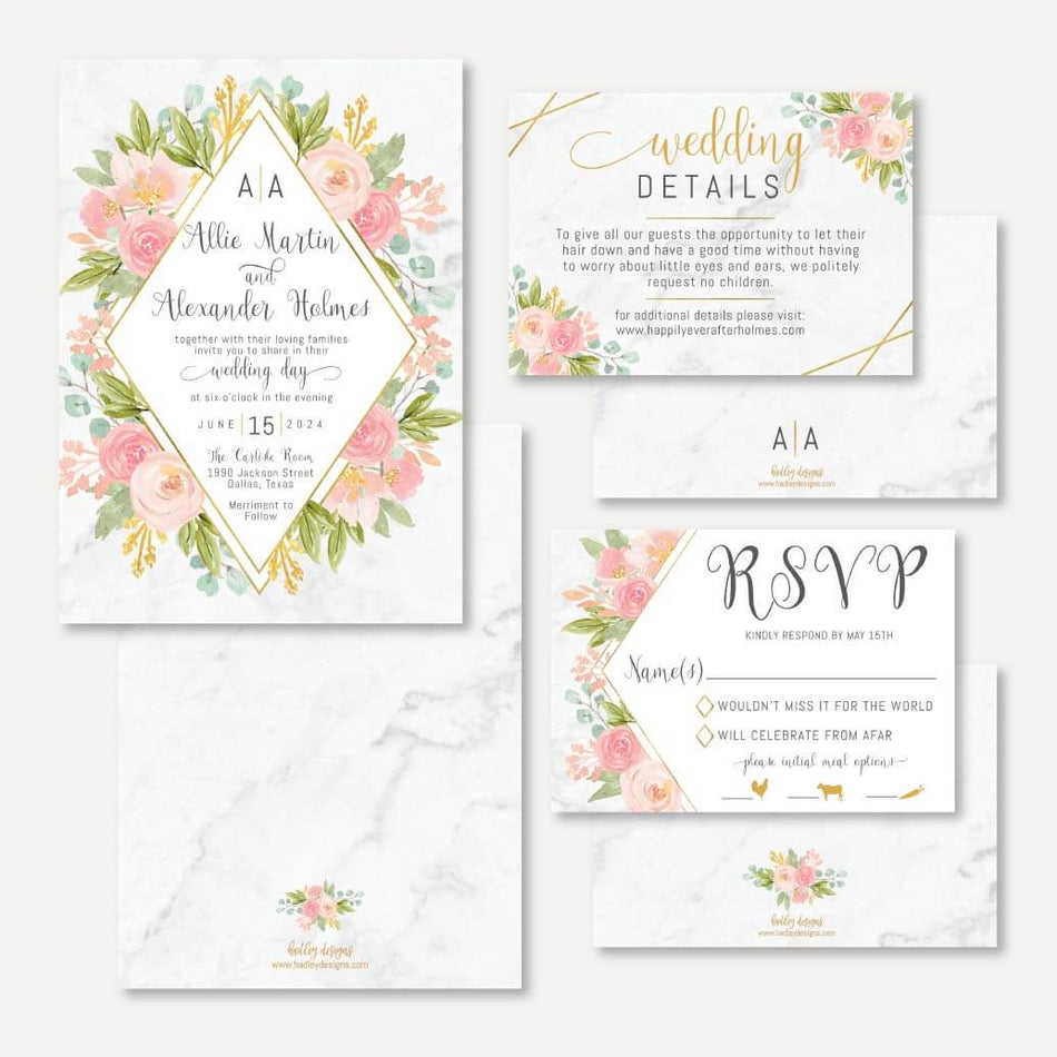 Diamond Marble Blush Floral Wedding Invitation Suite Printable Template